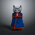 Game Movie Character Gray White Cat In Blue Cloak With Orange Trim Standing Pose