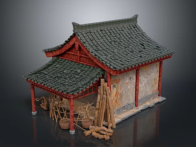 Traditional Building Model With Green Tiled Roof Red Pillars Stone Walls Firewood And Wooden Buckets 3d model