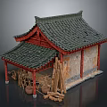 Traditional Building Model With Green Tiled Roof Red Pillars Stone Walls Firewood And Wooden Buckets