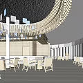 Modern Restaurant Interior Featuring Circular Wooden Chandelier White Tables And Striped Walls