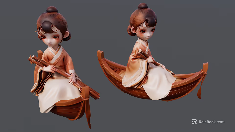 Bun Hairstyle Woman In Traditional Outfit On Wooden Boat With Paddle 3d model 