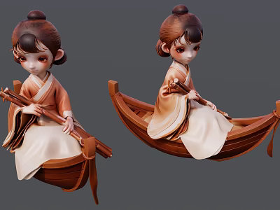Bun Hairstyle Woman In Traditional Outfit On Wooden Boat With Paddle 3d model