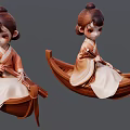 Bun Hairstyle Woman In Traditional Outfit On Wooden Boat With Paddle