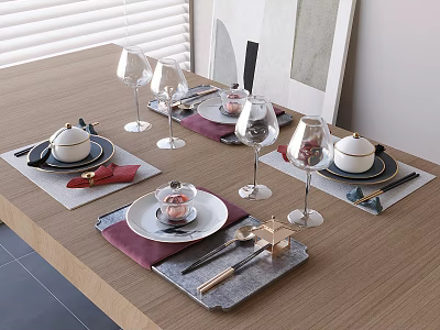 Elegant Dinnerware Set with Plates Bowls Wine Glasses Placemats and Gold Cutlery on Wooden Table 3d model