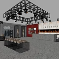 Fashion Clothing Store Interior With Red Walls Black Metal Ceiling And Display Tables