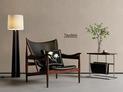 Tacchini Black Leather Lounge Chair With Wooden Frame Floor Lamp And Side Table Green Plant 3d model