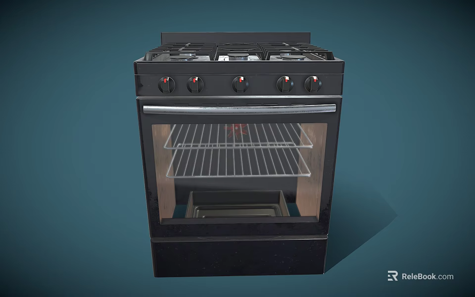 Black Gas Stove Oven With Burners Knobs Glass Door And Grill Rack 3d model 
