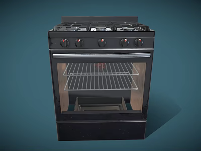 Black Gas Stove Oven With Burners Knobs Glass Door And Grill Rack 3d model
