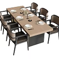 Modern Rectangular Dining Table And Chairs Set With Light Wood Top Black Legs Woven Backrest 3d model