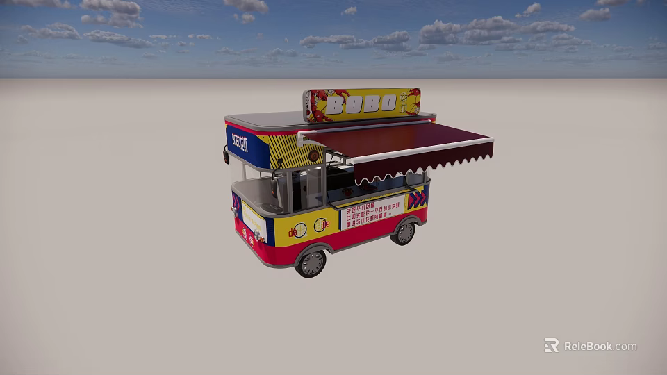 Colorful Mobile Commercial Food Cart With Burger Sign And Red Awning 3d model 