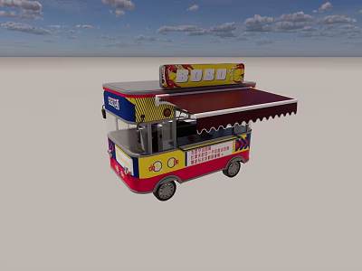 Colorful Mobile Commercial Food Cart With Burger Sign And Red Awning 3d model