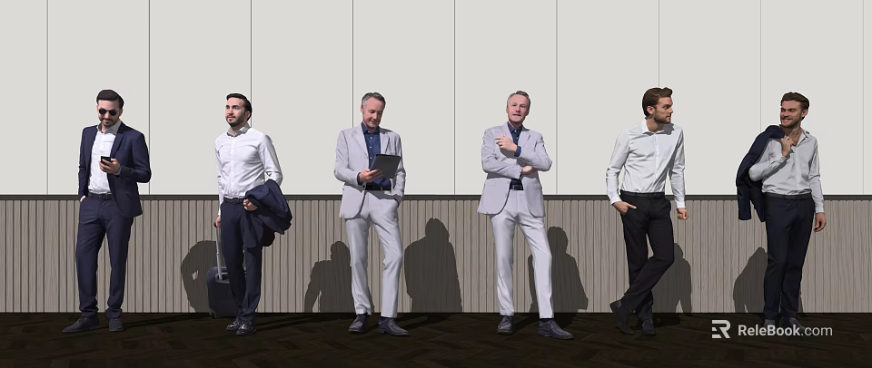 Business Men In Formal Attire Standing With Tablet And Coat Against Gray Wall 3d model 