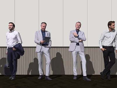 Business Men In Formal Attire Standing With Tablet And Coat Against Gray Wall 3d model