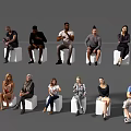 Diverse Group of People Sitting on White Stools in Casual Poses Against a Gray Background