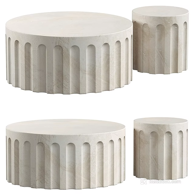 Modern Beige Coffee Table Set With Round Top And Fluted Stone Legs 3d model