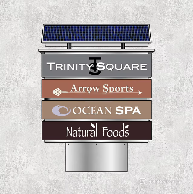 Outdoor Signboard with Solar Panel Displaying Trinity Square Arrow Sports Ocean Spa and Natural Foods 3d model 