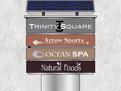 Outdoor Signboard with Solar Panel Displaying Trinity Square Arrow Sports Ocean Spa and Natural Foods 3d model
