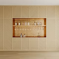 Built in Wine Cabinet With Geometric Pattern Walls And Displayed Wine Bottles Glassware