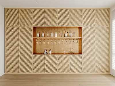 Built in Wine Cabinet With Geometric Pattern Walls And Displayed Wine Bottles Glassware 3d model