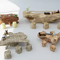 Natural Root Carving Tea Table With Stump Stools Tea Sets And Decorative Plants 3d model