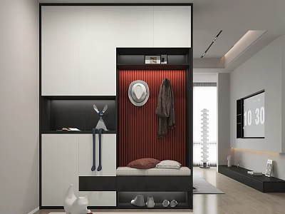 Modern Entryway Hallway With White Black Cabinetry Round Mirror Clothing Rack Striped Wall Bench Storage 3d model