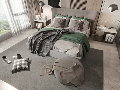 Modern Double Bed with Green Quilt Grey Blanket and Pillows by Window with Scenic View 3d model