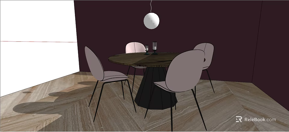 Dining Table Set With Round Top Pink Chairs And White Globe Pendant Light 3d model