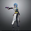 Anime Female Character With Blue Hair Holding Gun And Yellow Sash Outfit On Gray Background