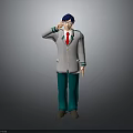 3D Human Character with Blue Hair White Coat Red Tie Green Pants Raising Right Hand