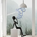 White Curtains by Floor to Ceiling Windows with Mountain View Black Figurine Pendant Lamp