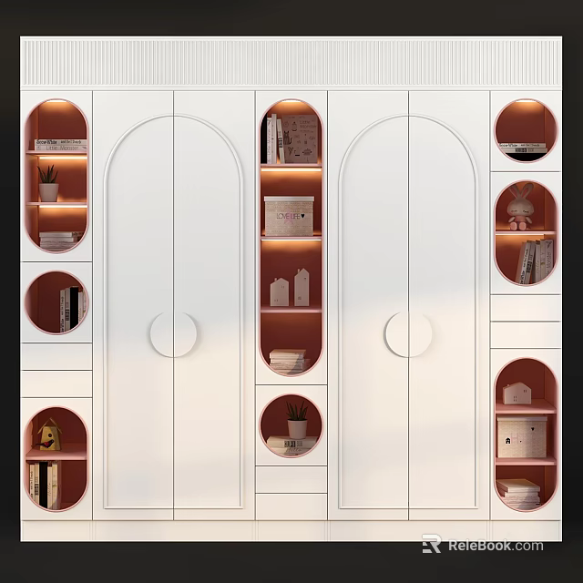 Modern White Wardrobe With Arched Doors Circular Handles Open Red Shelves And Storage Drawers 3d model 