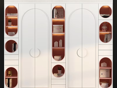 Modern White Wardrobe With Arched Doors Circular Handles Open Red Shelves And Storage Drawers 3d model