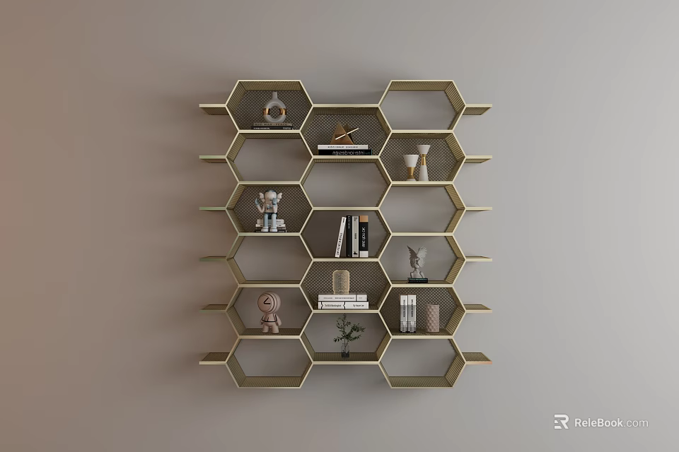 Stylish Hexagonal Wall Mounted Cabinet With Decorative Items And Storage Shelves 3d model 