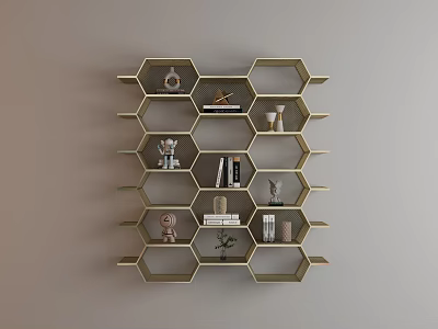 Stylish Hexagonal Wall Mounted Cabinet With Decorative Items And Storage Shelves 3d model