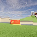 Chinese Pavilion With Yellow Roof Red Pillars Stone Steps On Green Lawn Under Blue Sky