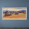 Vibrant Landscape Painting With Silver Frame Vast Field And Distant Hill Cloudy Sky