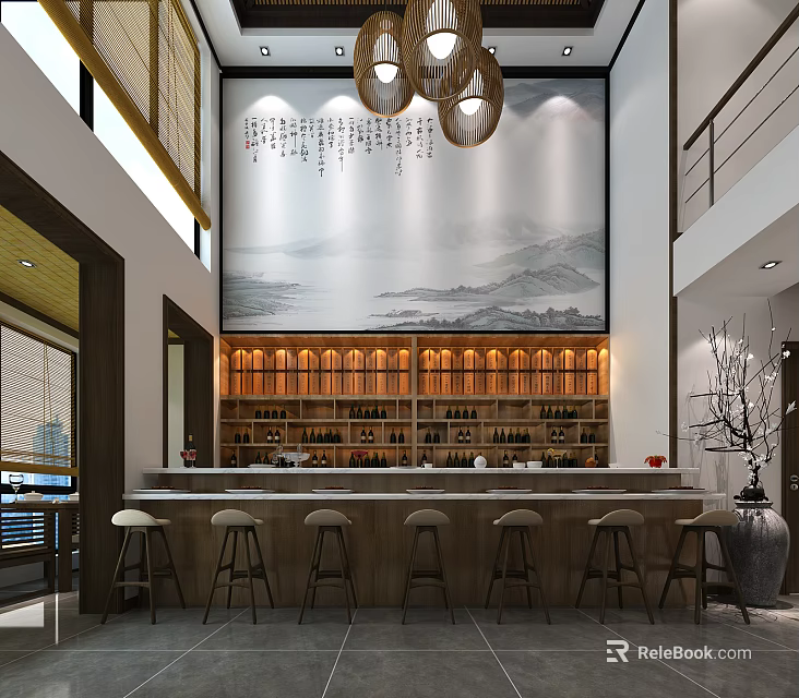 Modern Restaurant Interior Design With Bar Counter Wine Rack And Landscape Painting Backdrop 3d model 