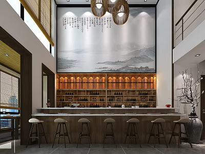 Modern Restaurant Interior Design With Bar Counter Wine Rack And Landscape Painting Backdrop 3d model