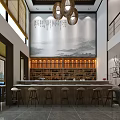Modern Restaurant Interior Design With Bar Counter Wine Rack And Landscape Painting Backdrop