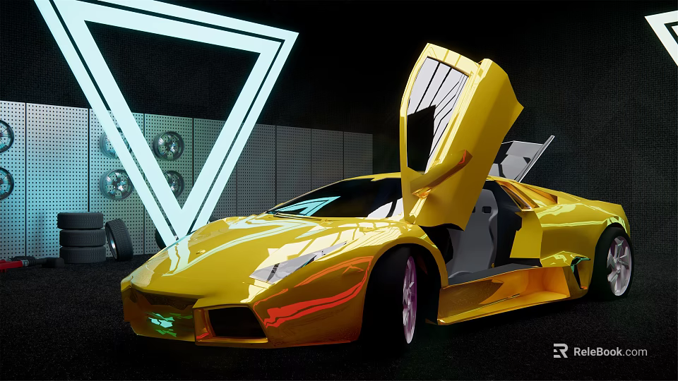 Yellow Sports Car With Scissor Doors Open In Modern Neon Light Setting 3d model 