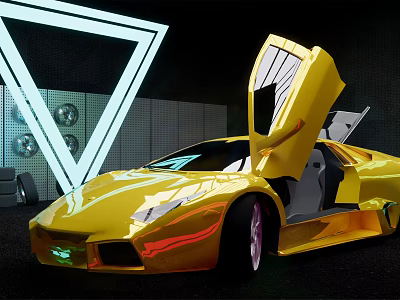 Yellow Sports Car With Scissor Doors Open In Modern Neon Light Setting 3d model