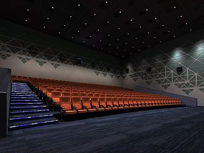 Modern Cinema Interior Featuring Orange Seats Blue Lit Stairs And Ceiling Lights 3d model