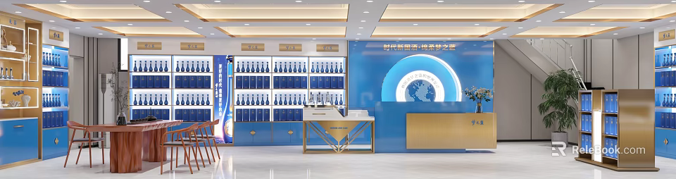Modern Exhibition Hall With Blue Bottles Display Shelves And Earth Design Counter 3d model 