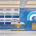 Modern Exhibition Hall With Blue Bottles Display Shelves And Earth Design Counter