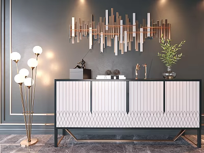 Modern Luxury Entryway Console Table With Gold Pendant Lights Floor Lamp And Green Plant 3d model