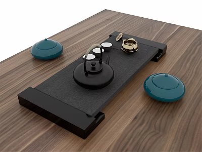 Elegant Tea Set Display on Black Tray with Blue Lids and Wooden Tabletop 3d model