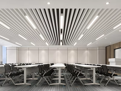 Modern Conference Room With White Linear Ceiling Black Chairs Long Tables White Walls And Projector 3d model