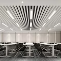 Modern Conference Room With White Linear Ceiling Black Chairs Long Tables White Walls And Projector