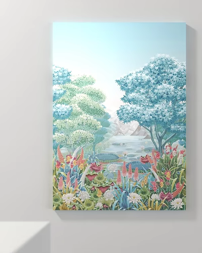 Vibrant Painting With Blue Green Trees Pink White Flowers Distant Mountains And Water 3d model
