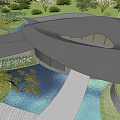 Scenic Landscape Design Featuring Curved Paths Water Features Green Trees and Modern Bridge